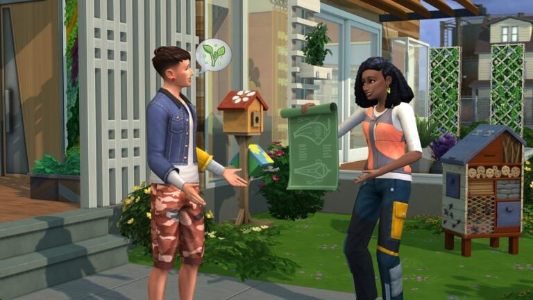 Sims unterhalten sich über Gartenarbeit.