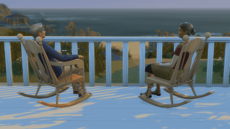 Deux Sims âgées en rocking-chairs face à la mer.