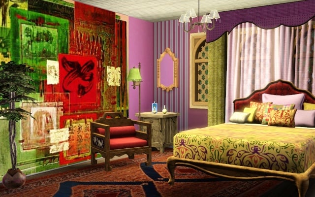 Habitación colorida con cama, obras de arte y plantas.