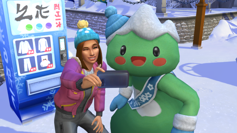 Jeune fille prend selfie avec personnage neige.