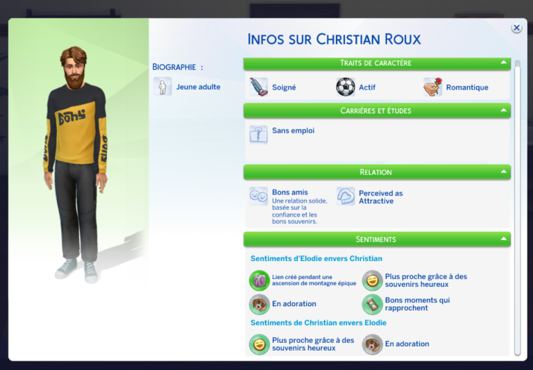 Interfaz del juego Los Sims con personaje virtual masculino.