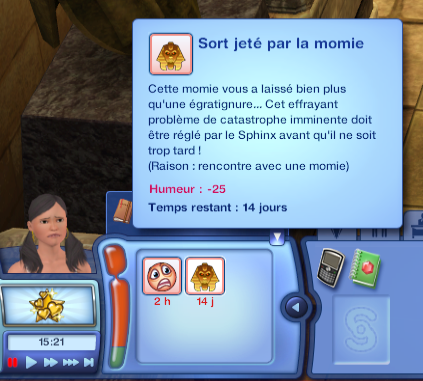 Interface du jeu Les Sims avec texte et avatar féminin.