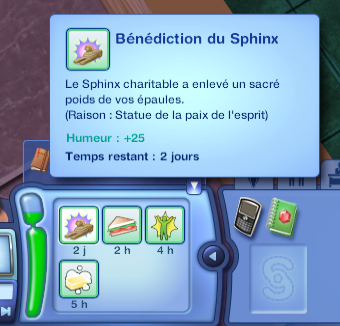 Interface du jeu Les Sims avec bénédiction du Sphinx.