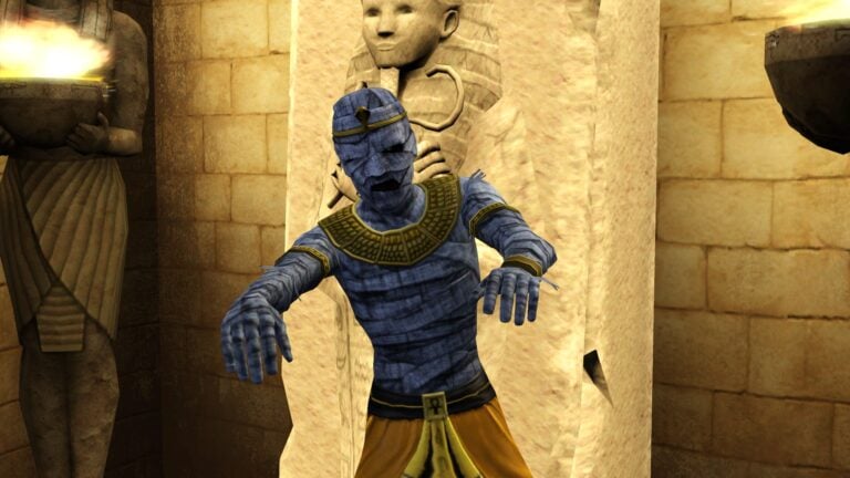 Sims momie égyptienne dans décor antique.