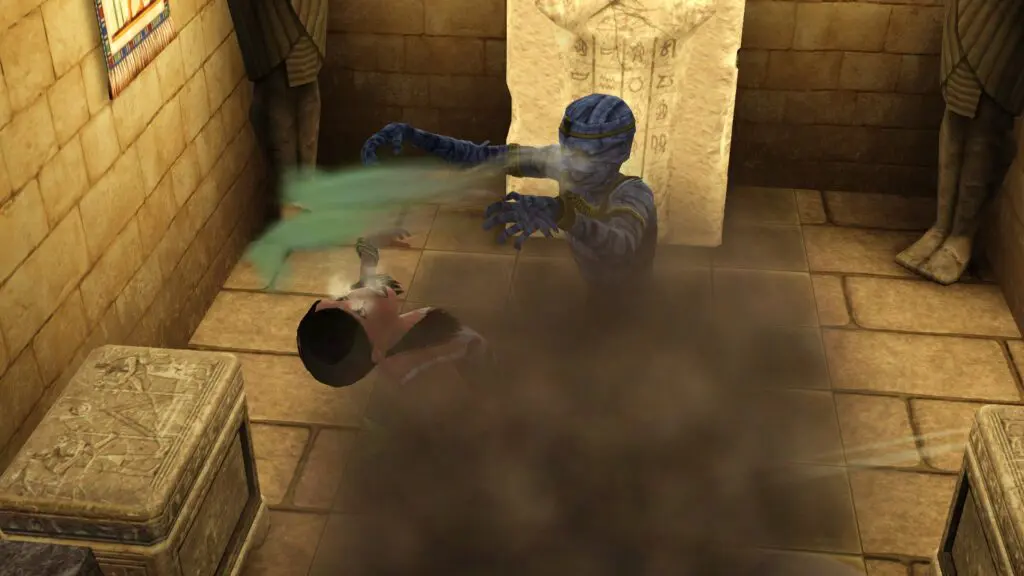 Momie Sims attaquant dans un tombeau égyptien.