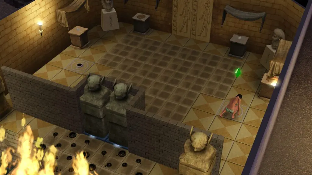 Scène des Sims, crypte antique, personnages et trésors.