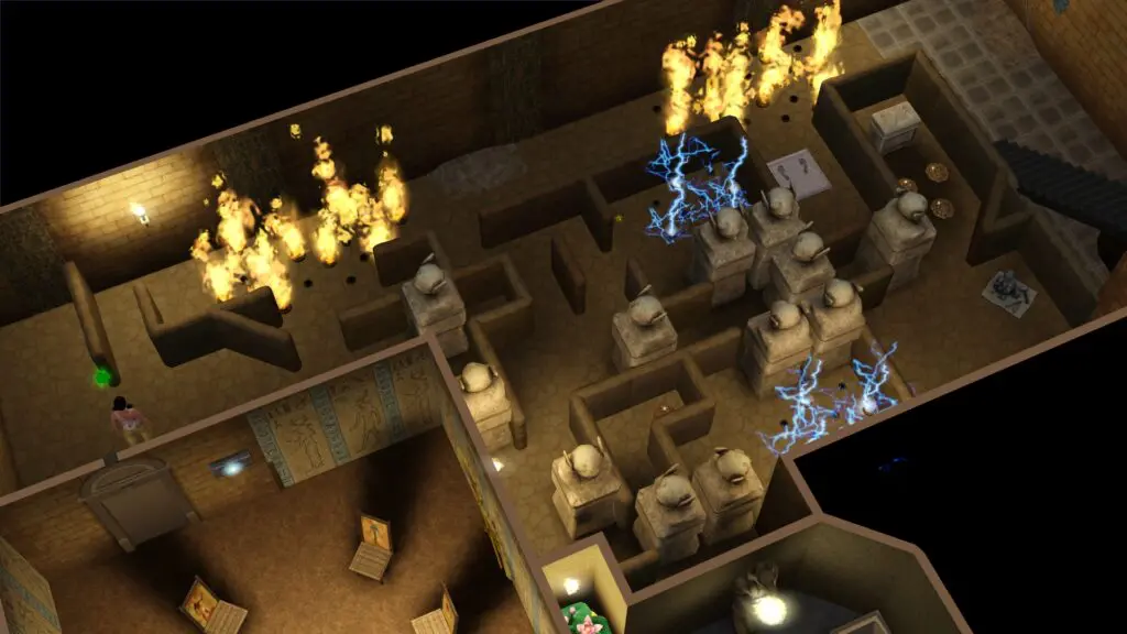 Jeu vidéo, salle avec pièges et flammes.