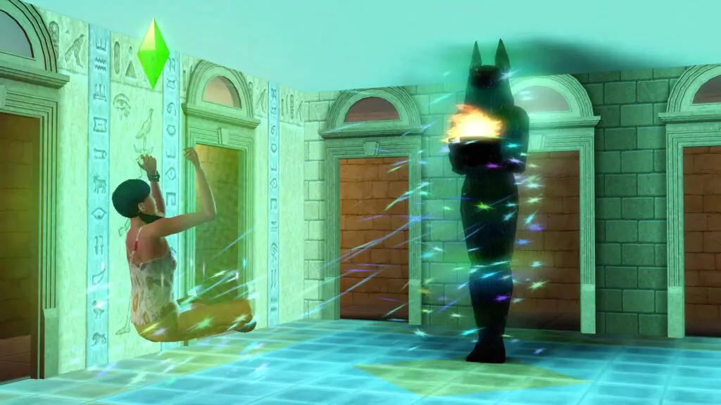 Sim personnage invoque statue antique mystique.