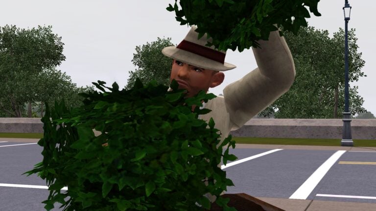 Sims caché derrière buisson dans Les Sims.