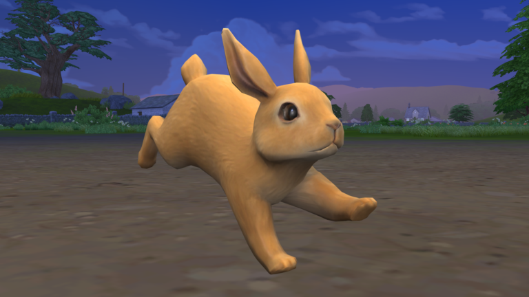 Coniglio animato che corre in un campo.