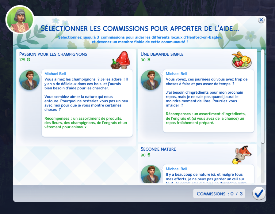 Interface Sims, sélections de missions, dialogues.