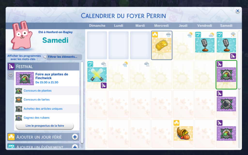 Interface de calendrier d’événements dans un jeu.