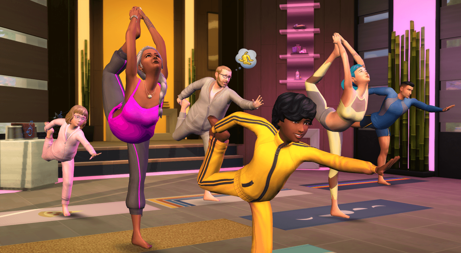 Sims pratiquant le yoga.