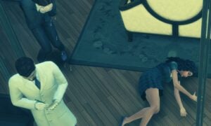 Escena de los Sims, personajes en una habitación.