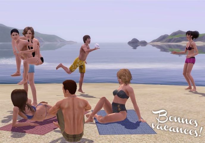 Sims à la plage, inscription "Bonnes vacances!