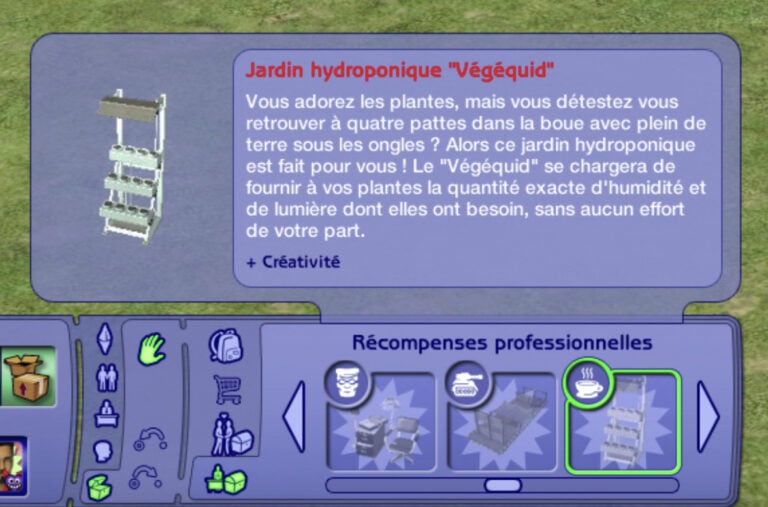 Interface du jeu Les Sims montrant jardin hydroponique virtuel.