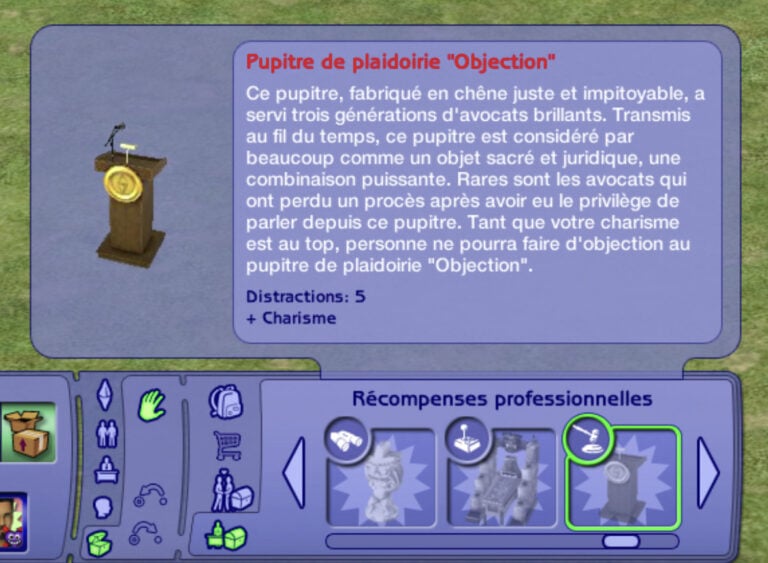 Interface du jeu Les Sims avec pupitre d'avocat "Objection".