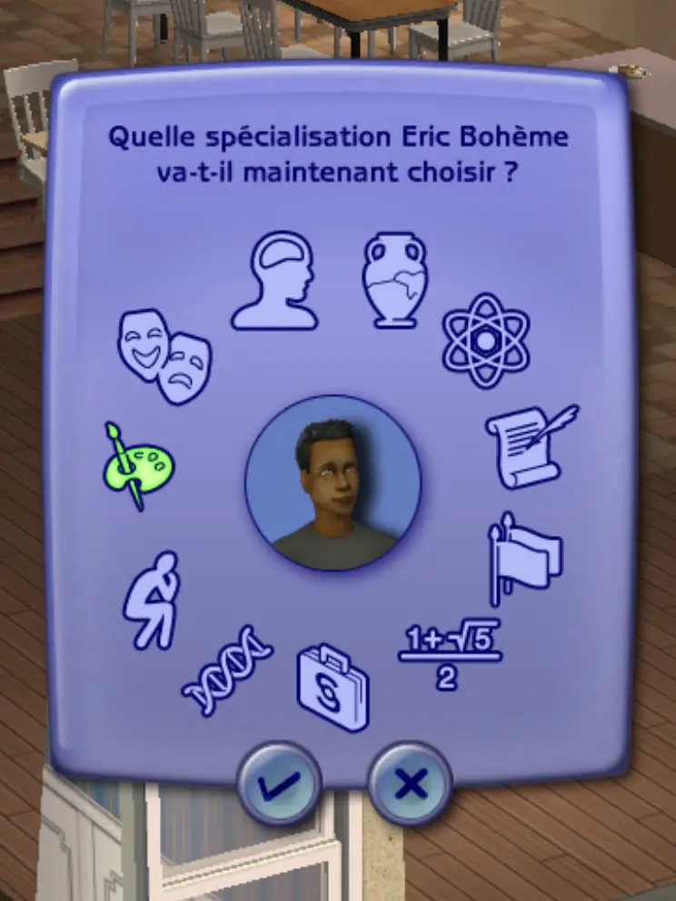 Écran de choix de spécialisation dans Les Sims.