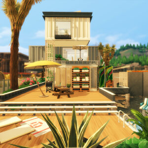 Maison moderne avec terrasse et piscine.