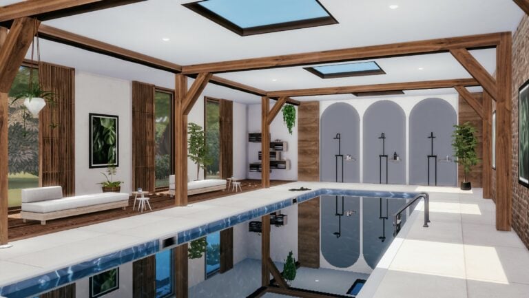 Interior moderno con piscina y estructura de madera.