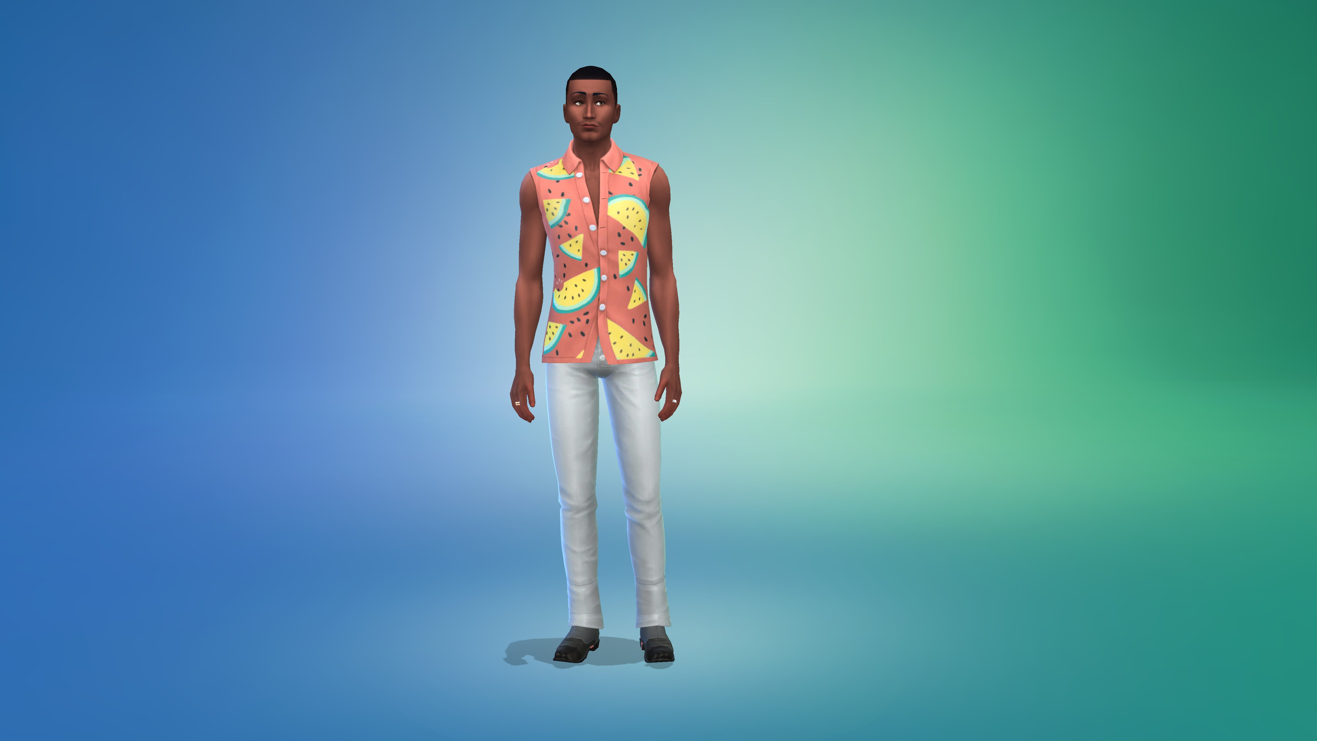 Sims avec chemise fruitée sur fond dégradé.