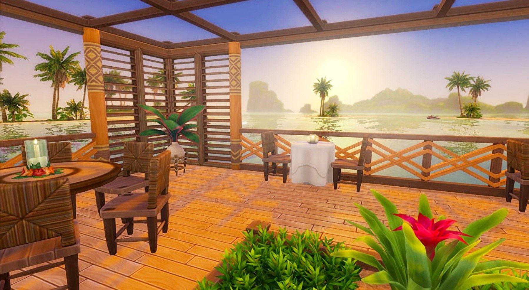 Terrasse tropicale en bois au coucher du soleil.