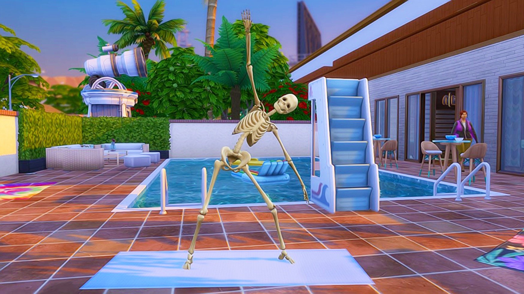 Squelette dansant au bord d'une piscine.