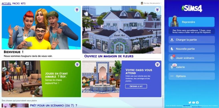 Capture écran menu jeu Les Sims 4.