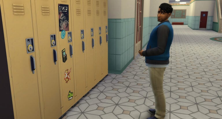 Sims in front of school lockers.