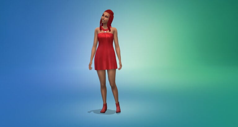 Sims Simette in einem roten Kleid