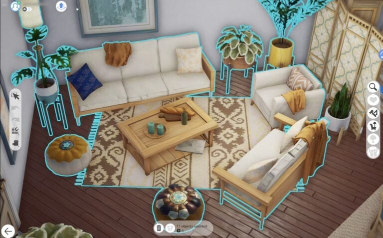 Interior de la sala de estar de los Sims, muebles seleccionados.