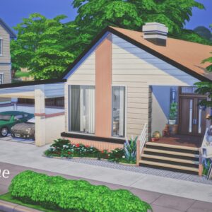 Maison moderne avec jardin et voitures.
