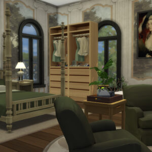 Chambre élégante avec grand lit et armoire.