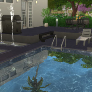 Jardin moderne avec piscine et fontaines.