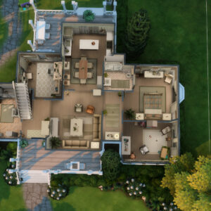 Vue aérienne plan maison et jardin.