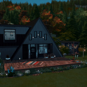 Maison triangulaire moderne au crépuscule, nature environnante.