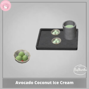 Glace avocat coco sur plateau.