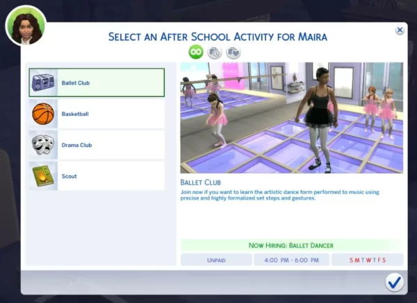 Interface du jeu Les Sims, choix activité extrascolaire ballet.