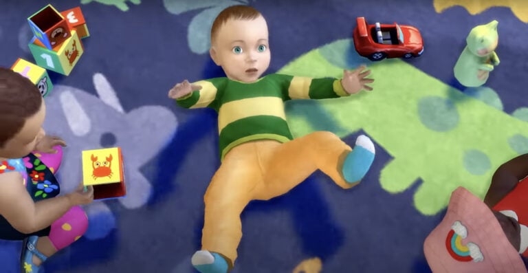 Animated baby playing with toys.