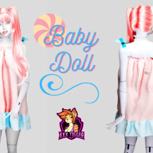 Poupée Sims rose avec texte "Baby Doll".