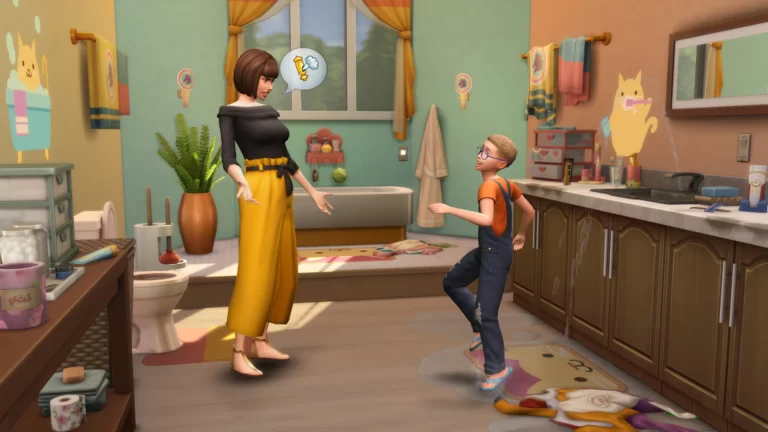 Simette and child in a colorful Sims kitchen.