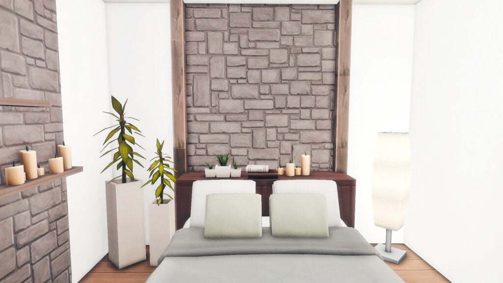 Chambre zen moderne avec lit et plantes.