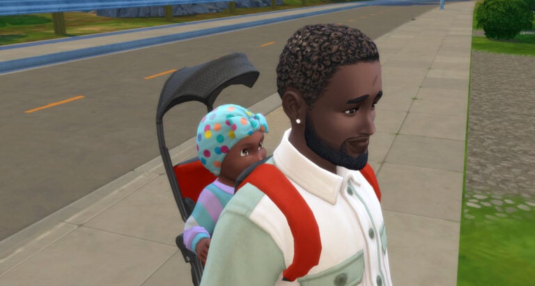 Sims walking child in stroller.