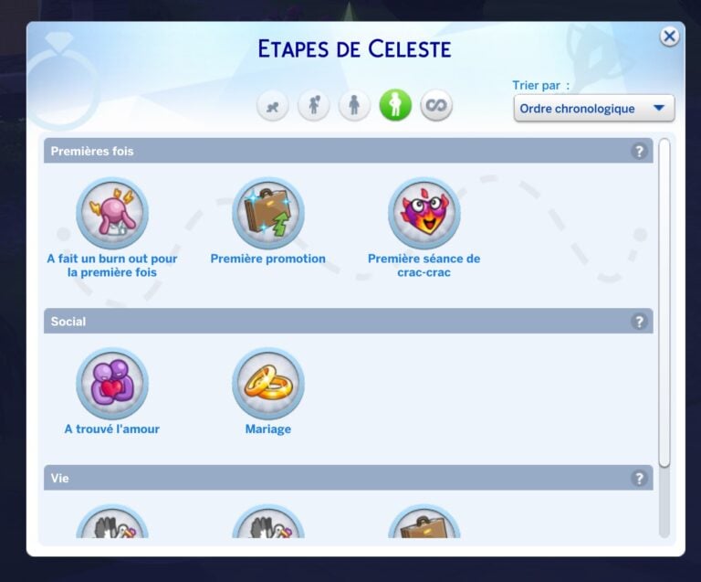 La interfaz del juego de Los Sims muestra las etapas de la vida.