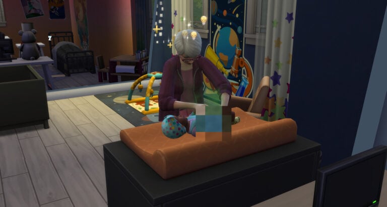Sims changing a virtual baby's diaper.