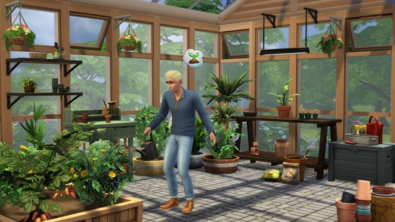 Sims in a virtual greenhouse with plants.