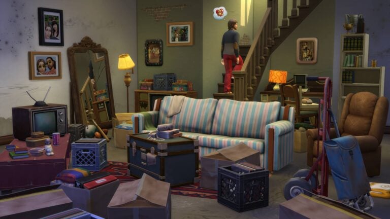 Living room in disarray, Sim thinks about pizza.