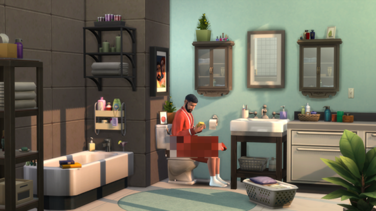 Sims utilisant smartphone aux toilettes.