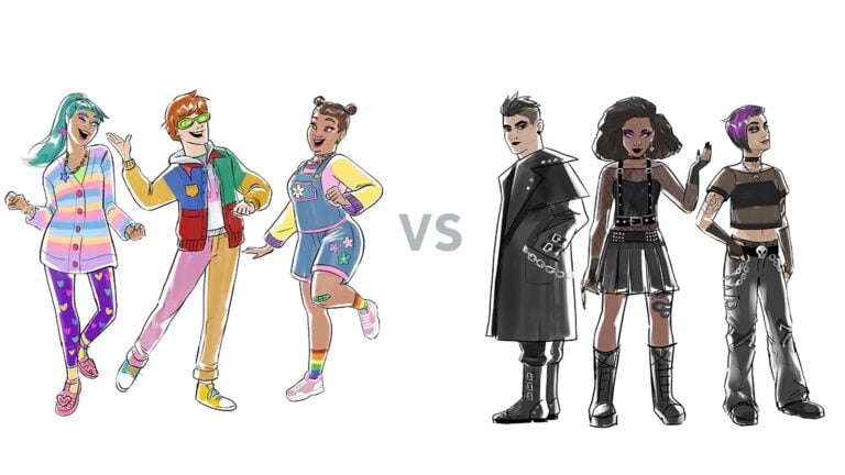 Illustration comparing colorful and gothic clothing styles.