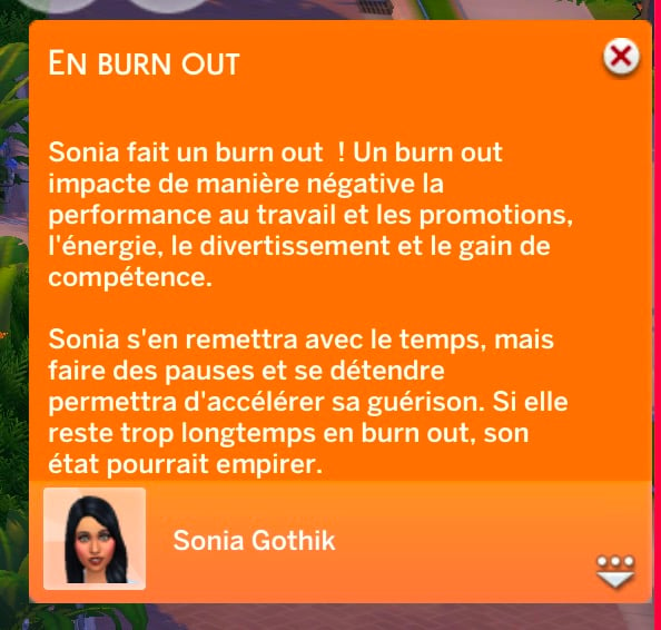 Notification du burnout d'un Sims